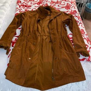 Brown full length coat with zip  hide away hood